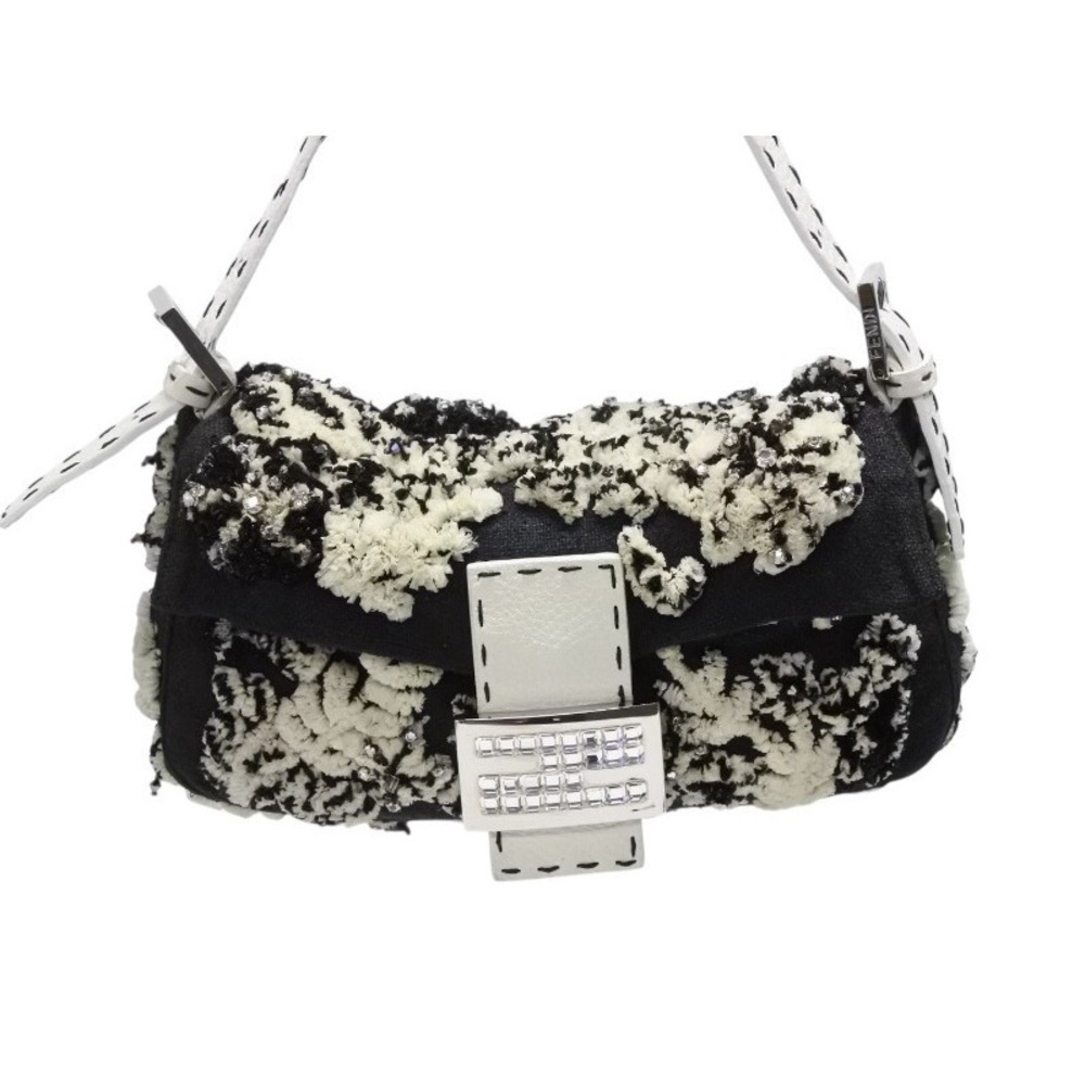 Fendi Flower Floral Shoulder Embroidery Black Selleria Bucket White Rhinestones